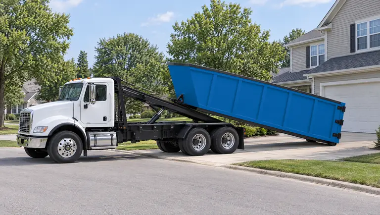 Illustration: a roll-off truck setting a dumpster on a home driveway