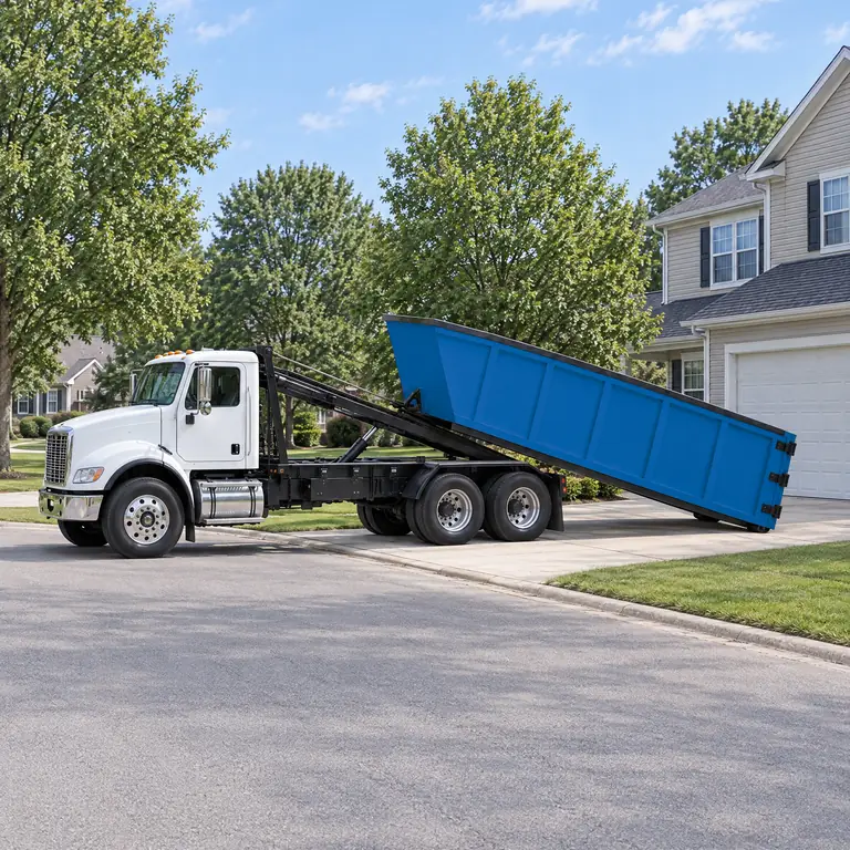 Illustration: a roll-off truck setting a dumpster on a home driveway